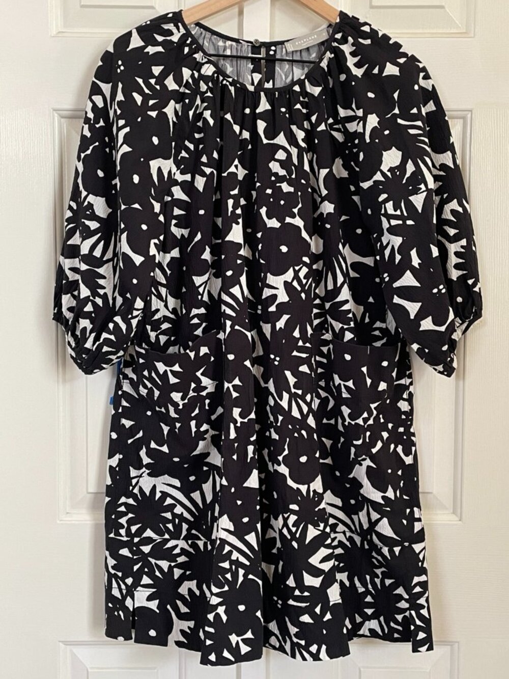 Everlane Seersucker Puff Sleeve Mini Dress Black White Floral S